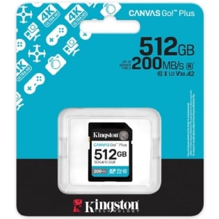 Cartão SD 512GB Kingston Canvas Go Plus para gravação de vídeo 4K UHD e modo fotográfico burst na sua DSLR, Leitura / Gravação até 200 / 160MB/s, SDG4/512GB