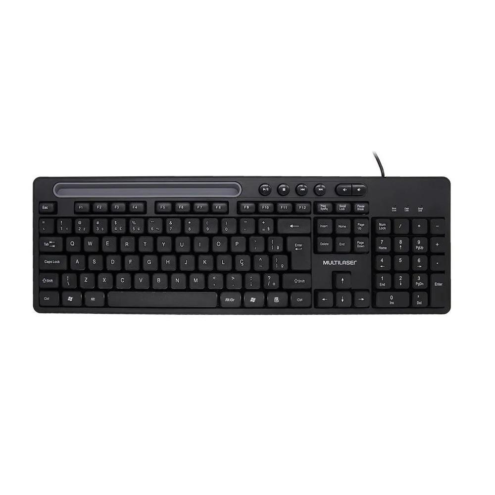 Teclado USB Office Multimidia, Com Apoio Para Smartphone, Preto, TC262, MULTI