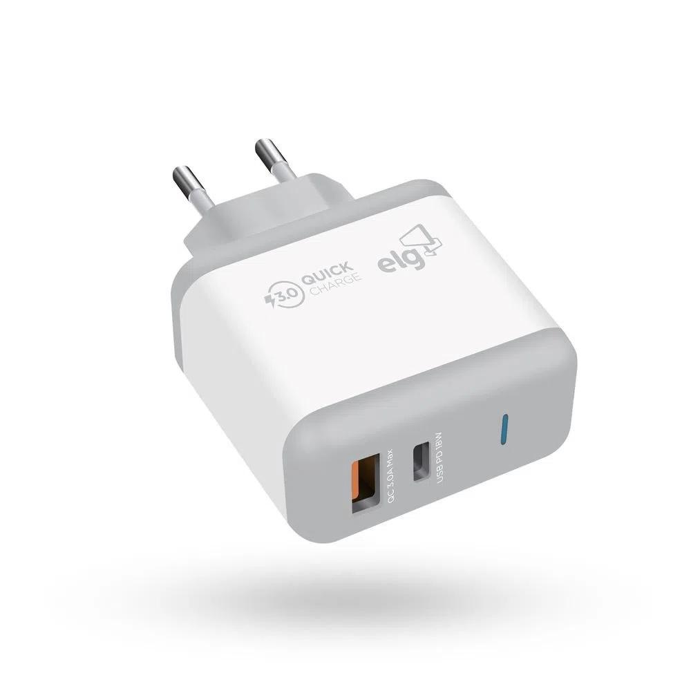 Carregador USB Tomada, 2 Saídas, Quick Charger, com USB-C, WC2S-PDQC, ELG