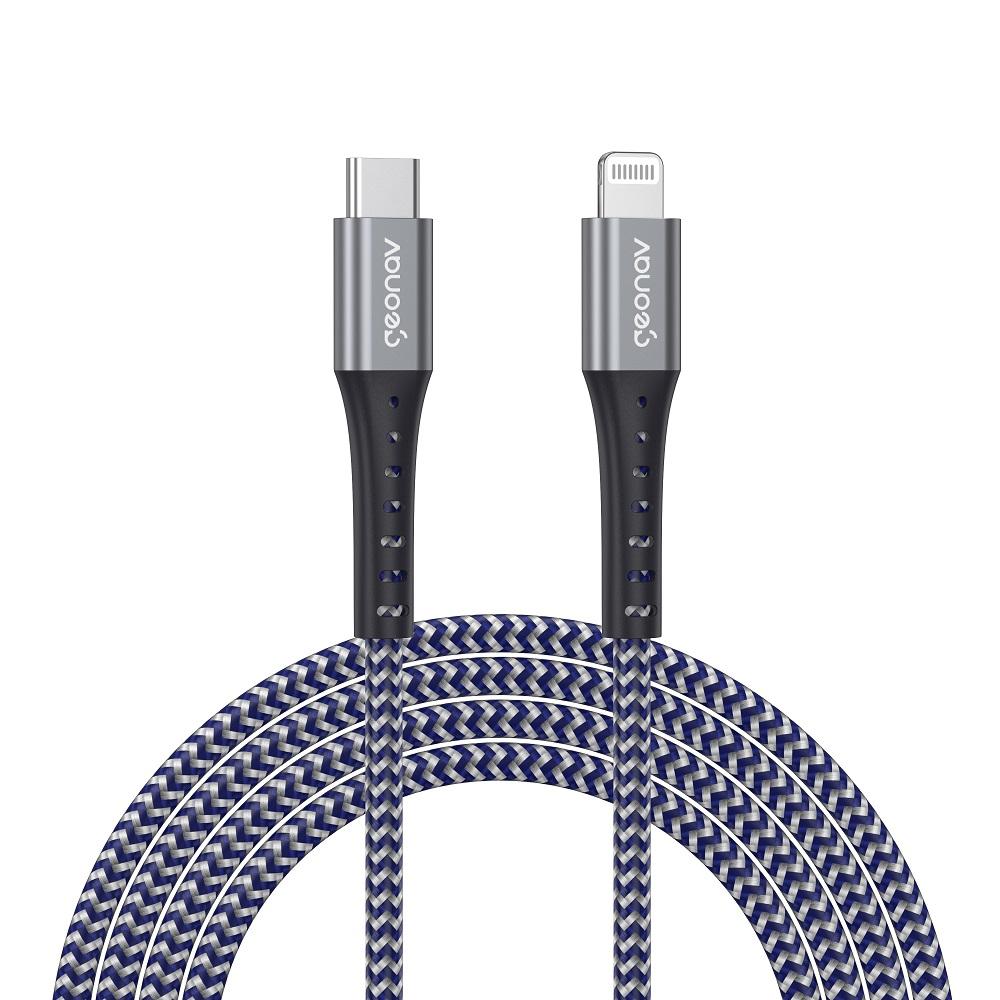 Cabo USB-C Lightning, 2m, Nylon, LIUC02K, Azul com Cinza, GEONAV