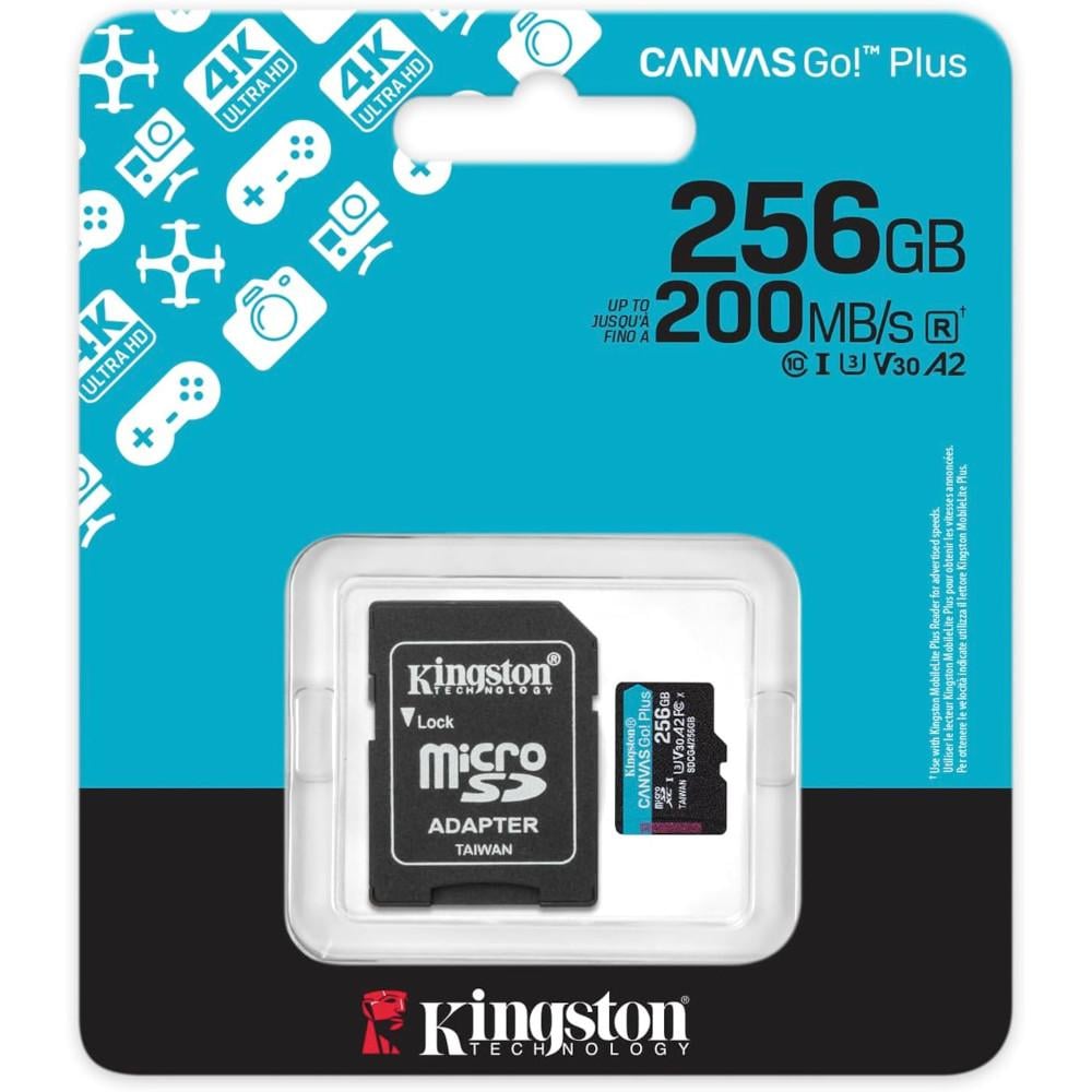 Cartão Micro SD 256GB Kingston Canvas Go Plus para gravação de vídeo 4K UHD e modo fotográfico burst na sua DSLR, Leitura / Gravação até 200 / 160MB/s, SDCG4/256GB