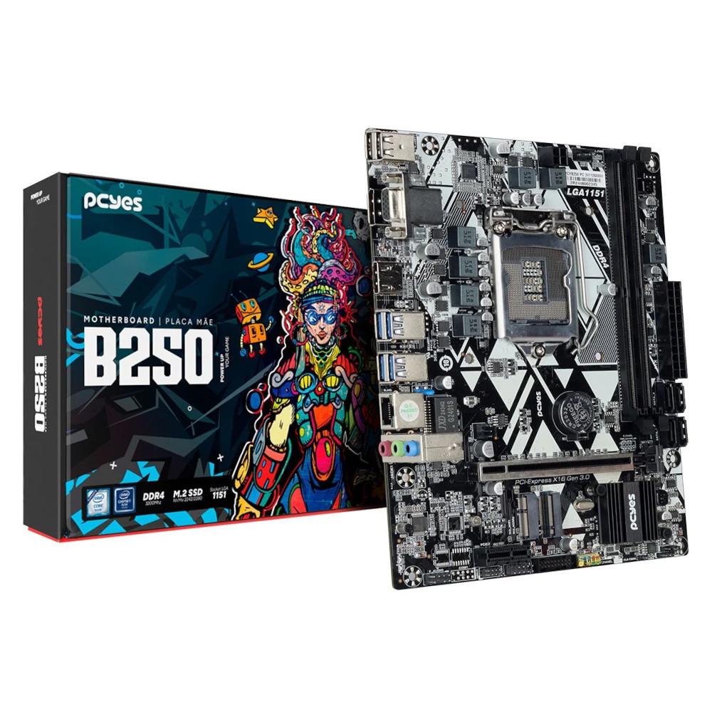 Placa Mae LGA1151 PCYES B250, DDR4 até 64GB, 1x M.2 NVMe PCIe,  Rede Gigabit 1000Mbps