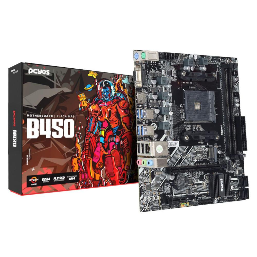 Placa Mae AM4 PCYES B450, DDR4 até 64GB, 1x M.2 NVMe PCIe, Rede Gigabit 1000Mbps