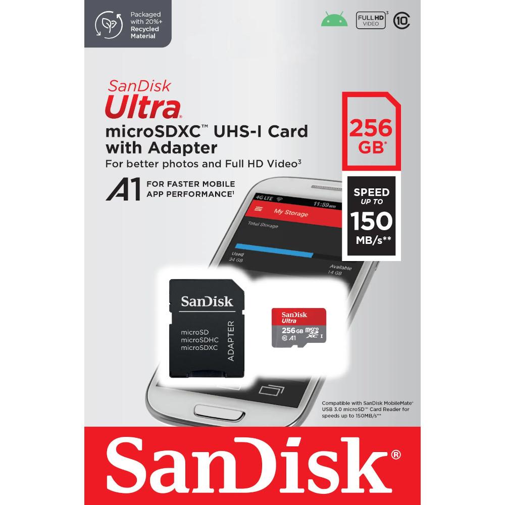 Cartão Micro SD 256GB Sandisk Ultra, Classe 10, Desempenho de leitura sequencial até 150MB/s, SDSQUAC-256G-GN6MA