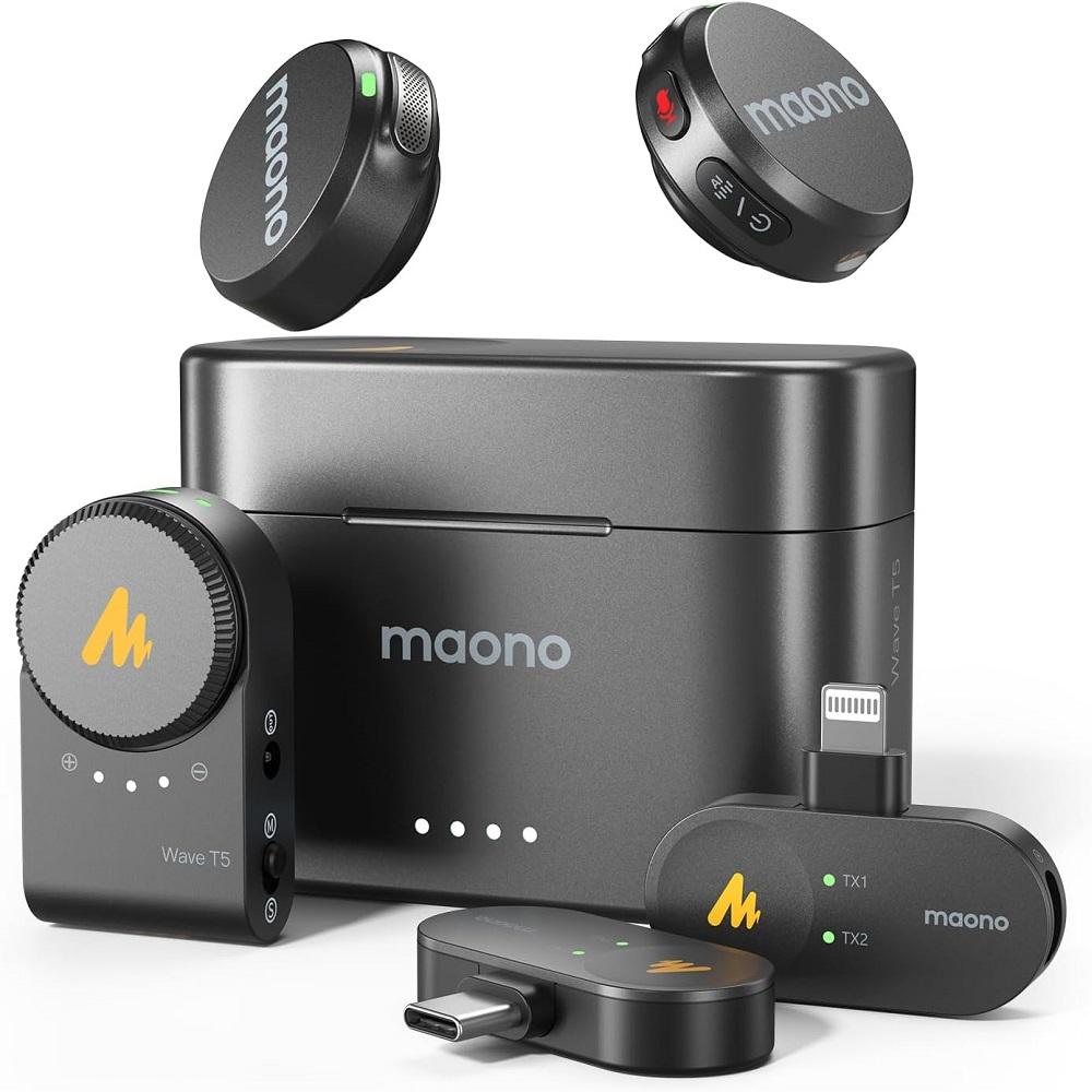 Kit Microfone Lapela sem Fio Maono Wave T5 Preto, Versão Combo completo, Camera, USB Tipo-C e Lightning, WM650 PA3 COMBO</br>