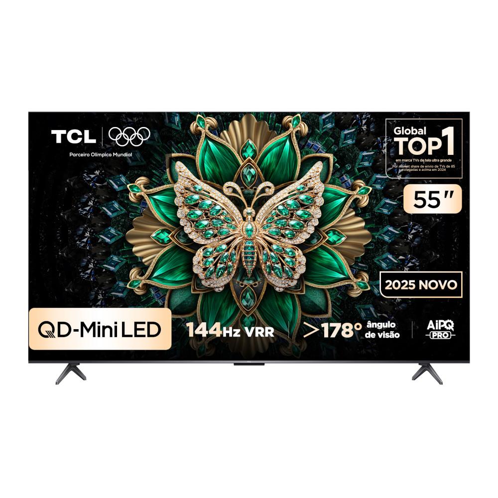Smart TV 55" TCL 55C6KS QLED Mini LED 4K UHD Google TV, DOLBY VISION IQ, ATMOS, Subwoofer, HDR10+, Wi-Fi dual band e Bluetooth,144Hz VRR, HDMI 2.1 Comando de voz à distância, Google Assistente, ALLM