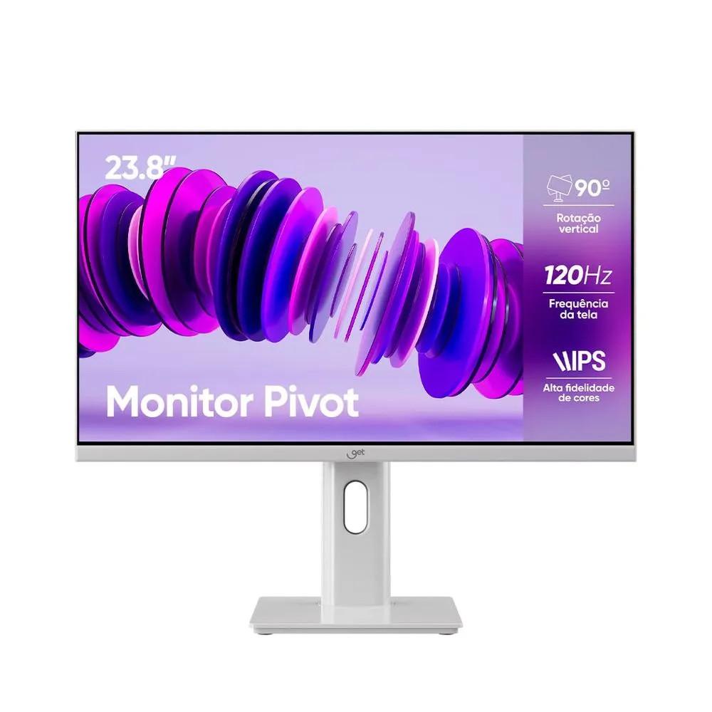 Monitor 23,8" GET GT Full HD IPS Branco, 120Hz, com ajuste de altura e rotação, ergonomia e um visual moderno para qualquer setup