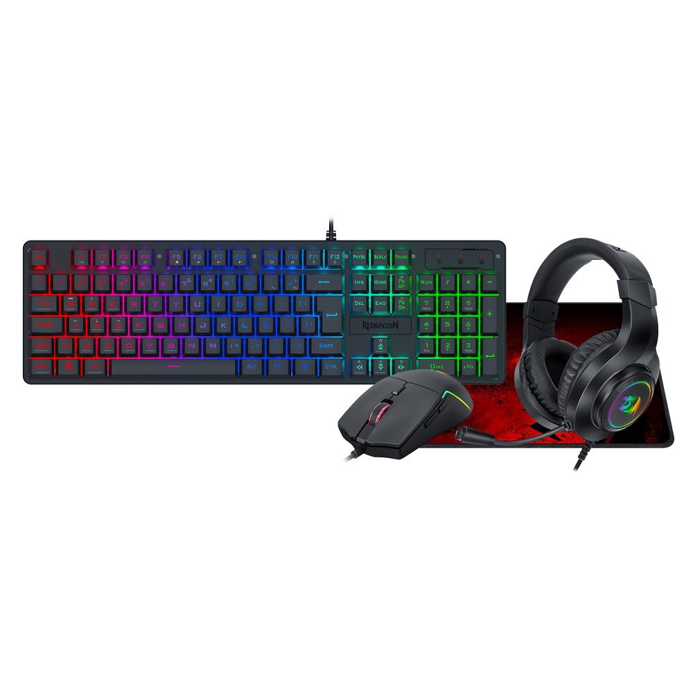 Kit Gamer Gaming Essentials S166 RGB 4 em 1, Teclado Membrana, Mouse, Mousepad e Headset, REDRAGON