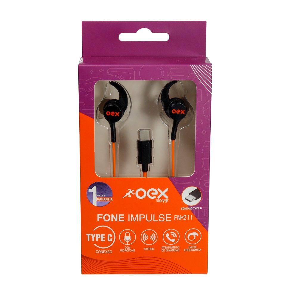 Fone Intra Impulse USB-C, Preto e Laranja, FN211 , OEX